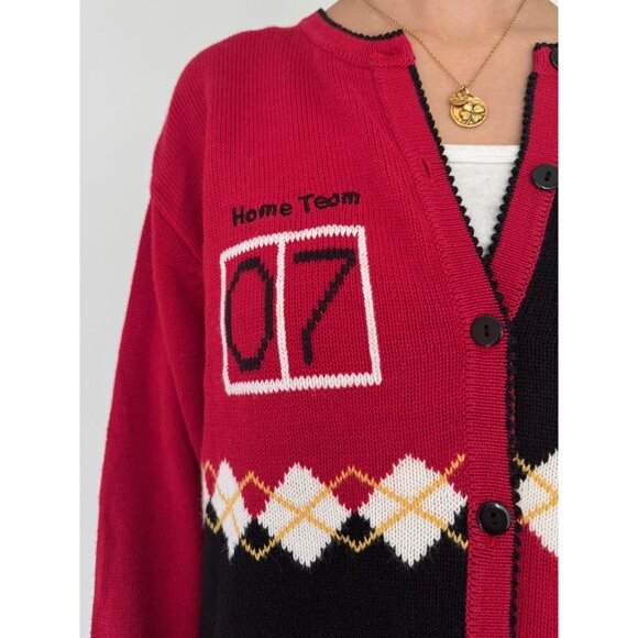90s vintage red novelty football argyle print embroidered knit cardigan large XL - Picture 8 of 10